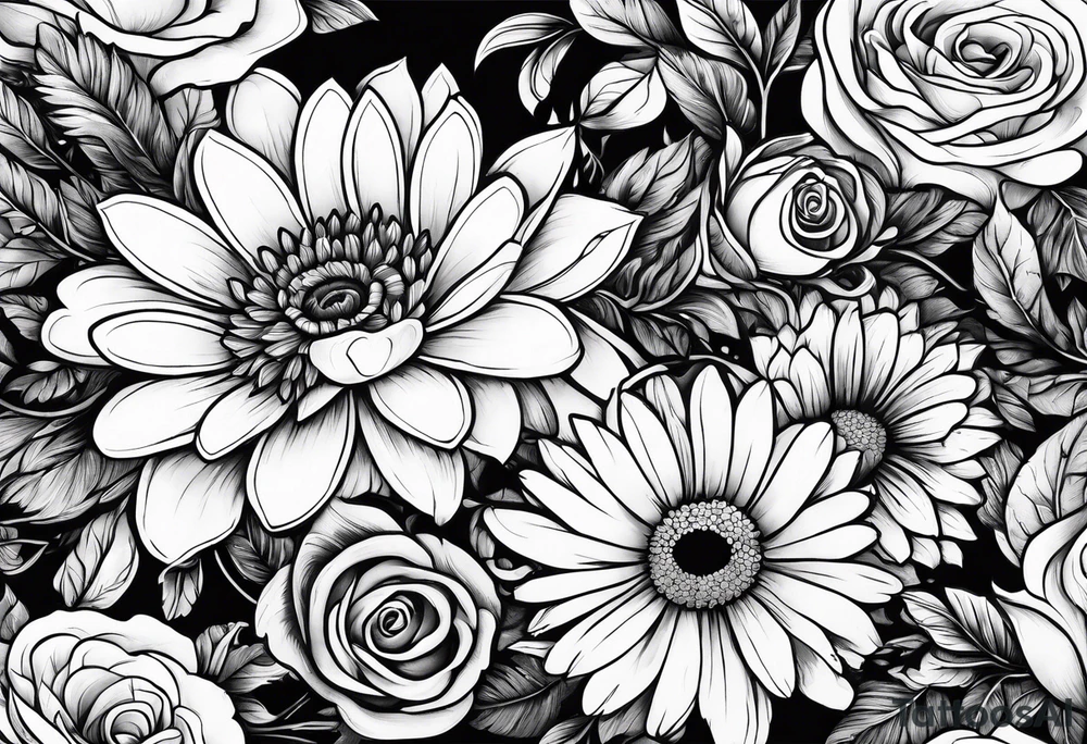 Boquet of daisys and roses with a flame surrounding them tattoo idea