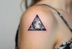 A triangle with a lunar cycle inside, shaded in black and silver, symbolizing phases and intuition. tattoo idea