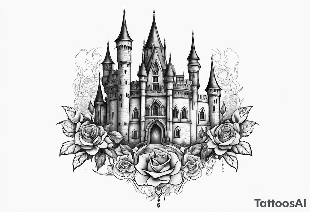 old broken gothic castle, broken sword, roses tattoo idea