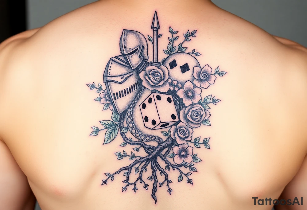knight and squid intertwined with climbing roses and tree roots with cherry blossoms rolling dice tattoo idea