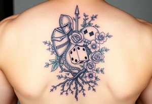 knight and squid intertwined with climbing roses and tree roots with cherry blossoms rolling dice tattoo idea