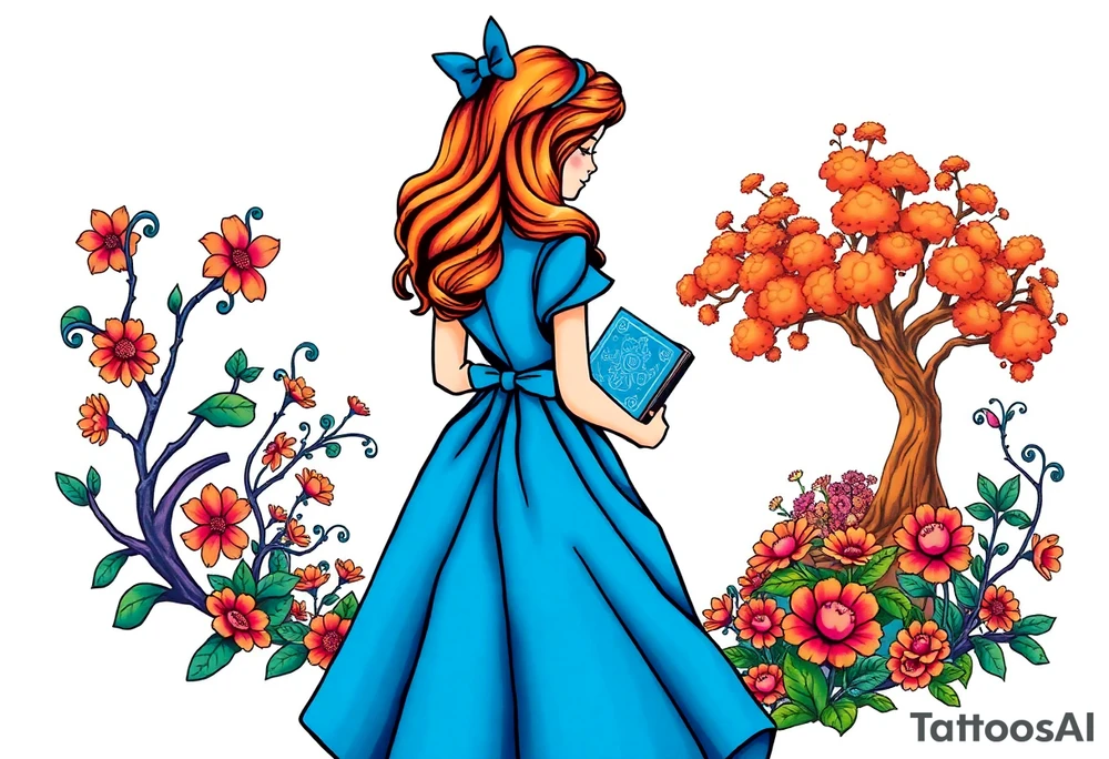 Alice (from Alice in wonderland) silhouette wearing a blue dress. Perspective from the back. She is caring a book, entering a garden with flowers and an orange tree tattoo idea