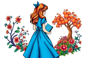 Alice (from Alice in wonderland) silhouette wearing a blue dress. Perspective from the back. She is caring a book, entering a garden with flowers and an orange tree tattoo idea