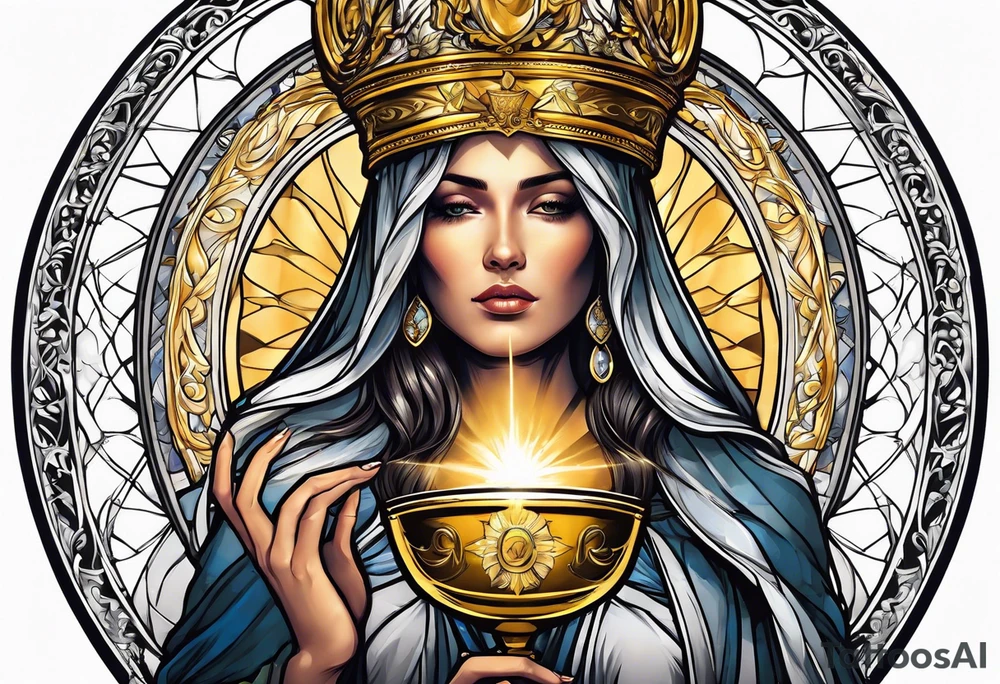 holy saint woman with golden halo holding a chalice tattoo idea