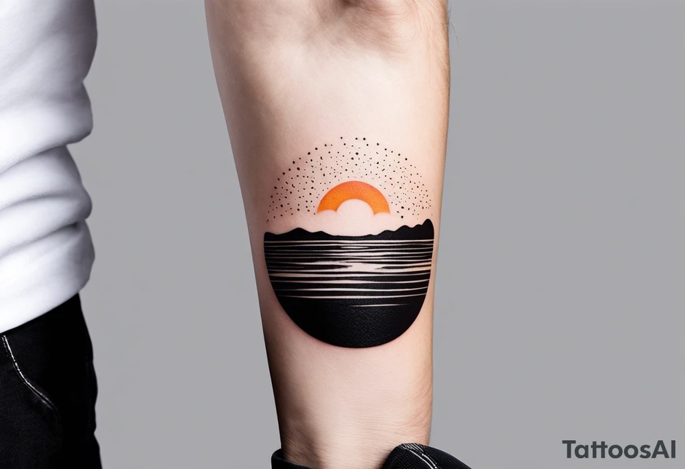 This is an extremely simple and minimalistic tattoo on male forearm. It is black and white with minuscule splashes of orange from the sun. The tattoo 4 inches wide by 2 inches tall. It is NOT a circle. From the perspective of being on the ocean, Water is calm, with no waves in sight, the sun is setting behind the ocean, reflecting light onto the ocean. tattoo idea