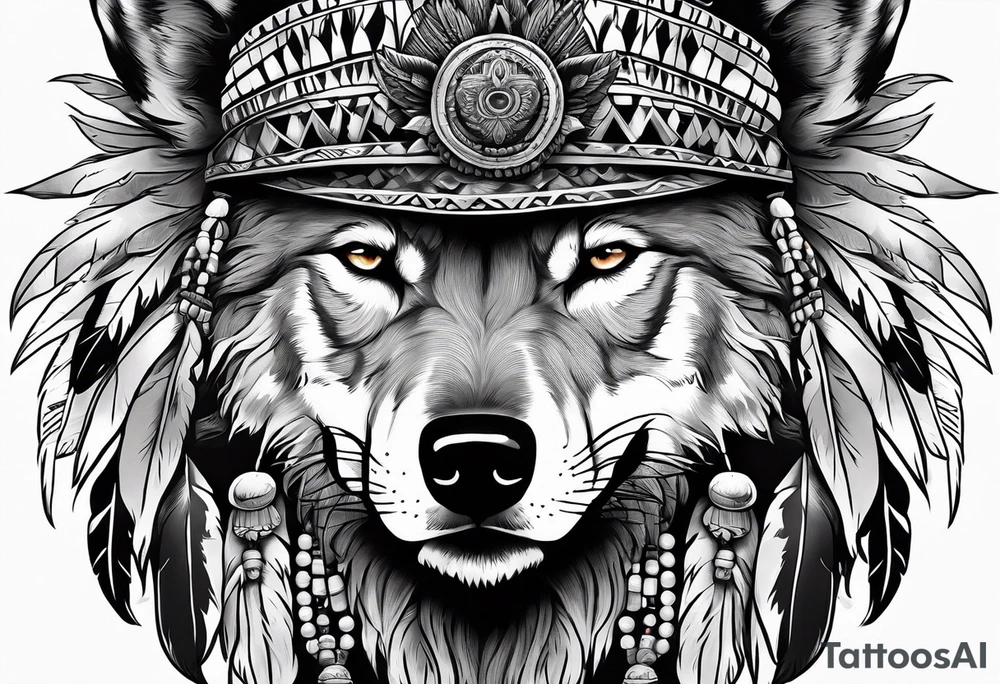 Half wolf head half skull with Native American bonnet tattoo idea