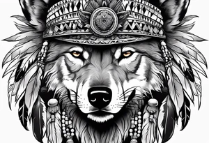 Half wolf head half skull with Native American bonnet tattoo idea