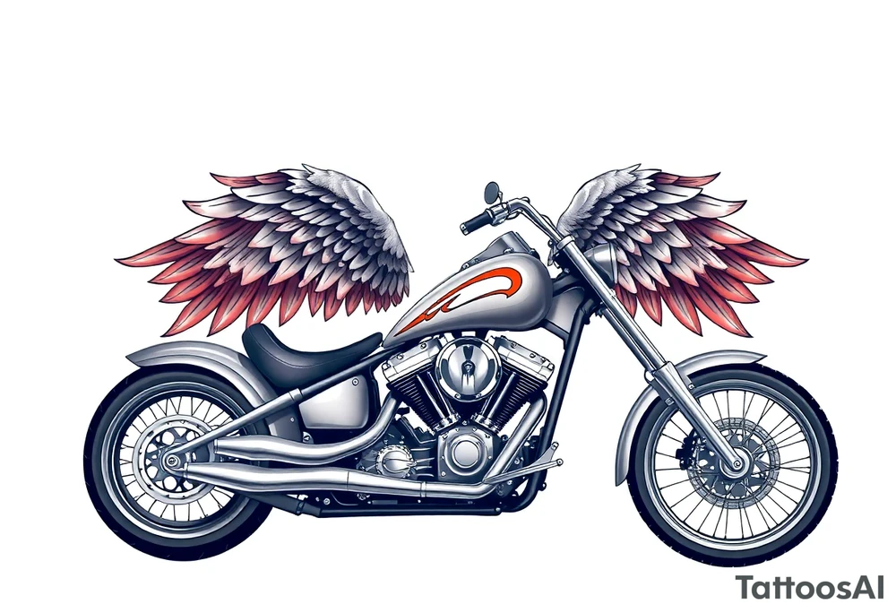 Low rider grey motorcycle, flames, angel wings tattoo idea