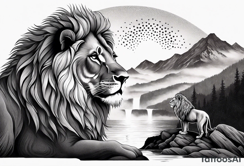 Tattoo in the shape of a lion head with a father and son in the mountains with  a waterfall and cross in the background and a sunset inside of it tattoo idea