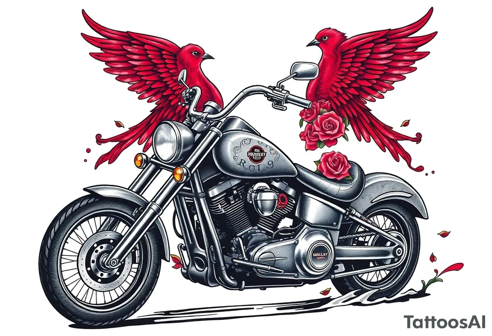 Harley grey motorcycle driving away, two red birds flying, roses, flames, angel wings tattoo idea