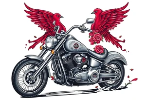 Harley grey motorcycle driving away, two red birds flying, roses, flames, angel wings tattoo idea