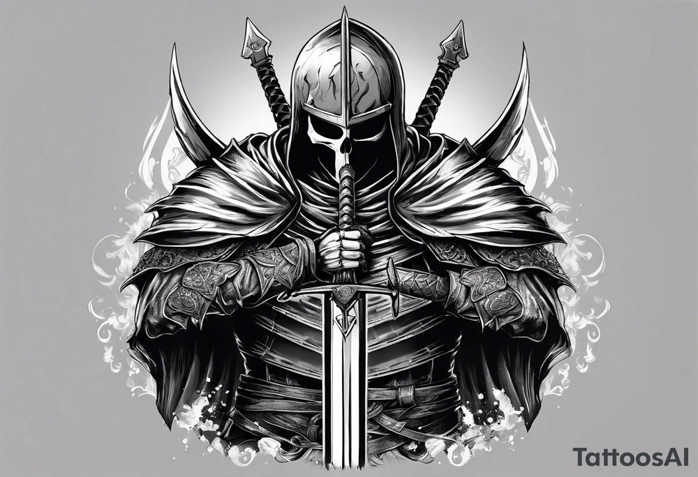 SkullKnight from the manga Berserk holding his sword downwards, his cloak fading into Guts. tattoo idea