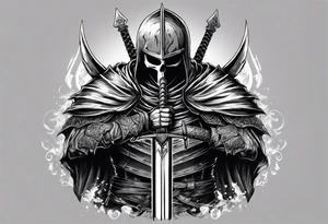 SkullKnight from the manga Berserk holding his sword downwards, his cloak fading into Guts. tattoo idea