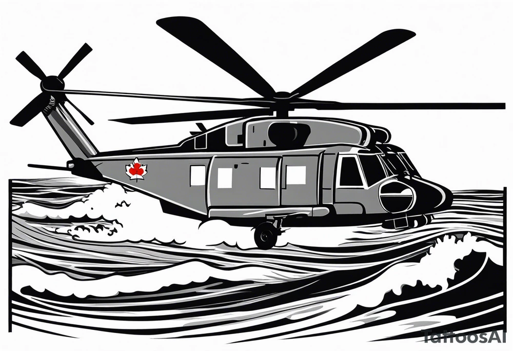 Canadian military grey CH-148 Cyclone helicopter soaring low over rough, ocean waves. A poppy flower be prominently displayed tattoo idea