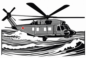 Canadian military grey CH-148 Cyclone helicopter soaring low over rough, ocean waves. A poppy flower be prominently displayed tattoo idea