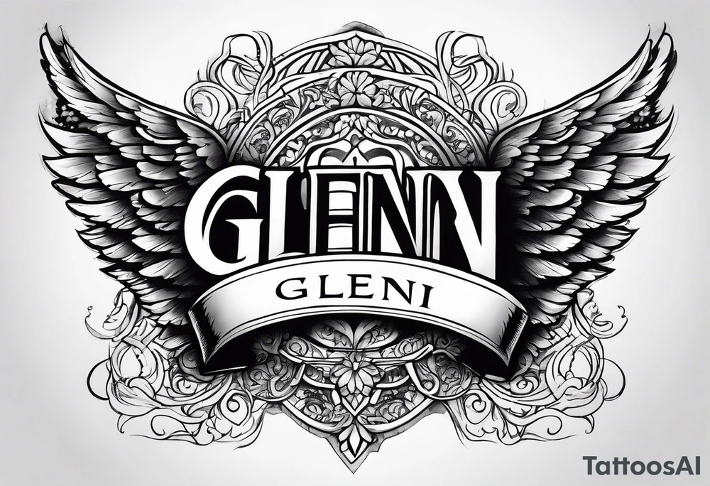 The word Glenn on a banner with angel Wings tattoo idea