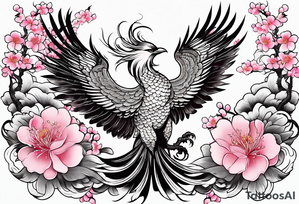 traditional Japanese phoenix and pink cherry blossoms blank background no clipped edges tattoo idea