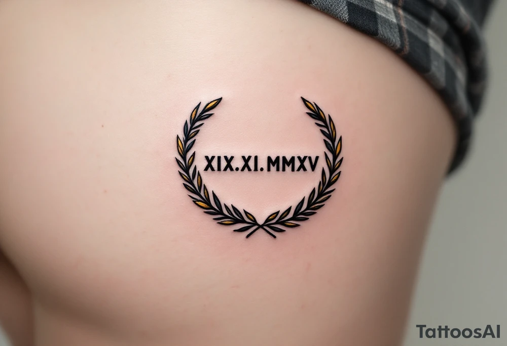 XIX.XI.MMXV in classic black on the upper thigh, encased in a gold laurel wreath symbolizing victory. tattoo idea