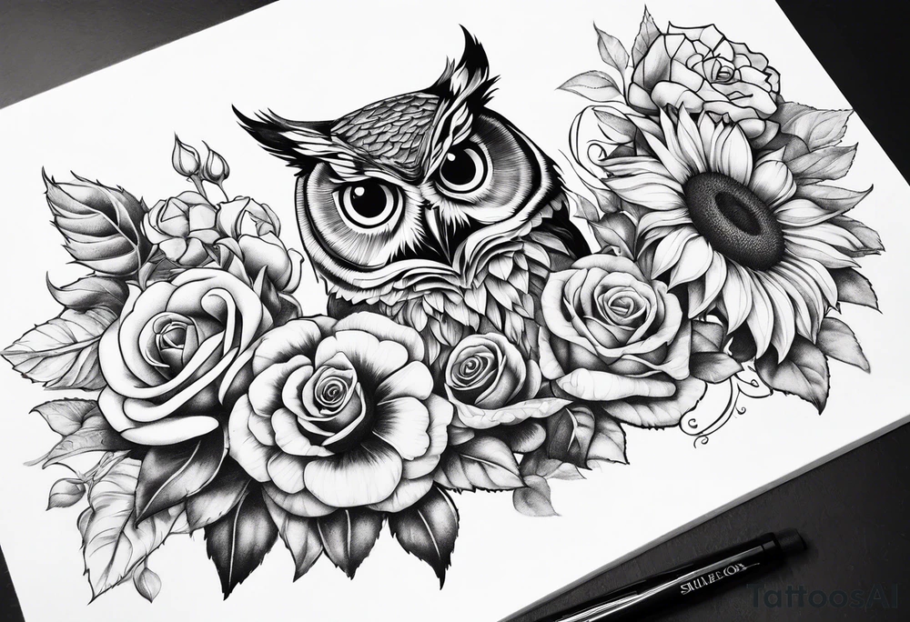 Sunflower and rose flower, owl tattoo idea
