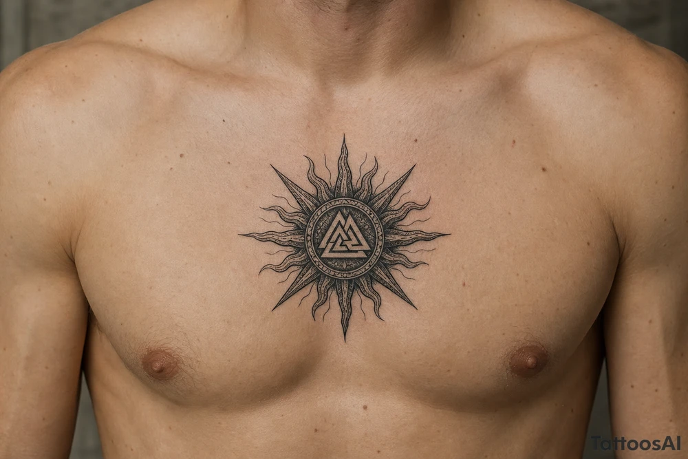 sun with the strength symbol in the middle tattoo idea