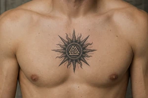 sun with the strength symbol in the middle tattoo idea