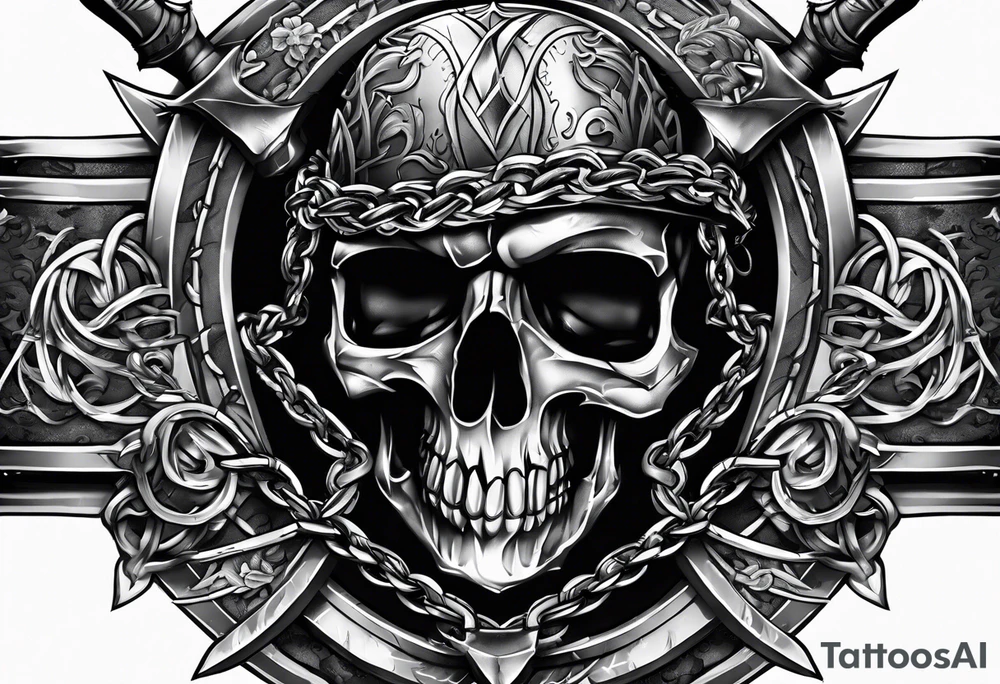 Valhalla sword shield axe barbed wire chains dark cloud tattoo idea