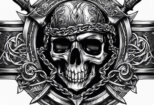 Valhalla sword shield axe barbed wire chains dark cloud tattoo idea