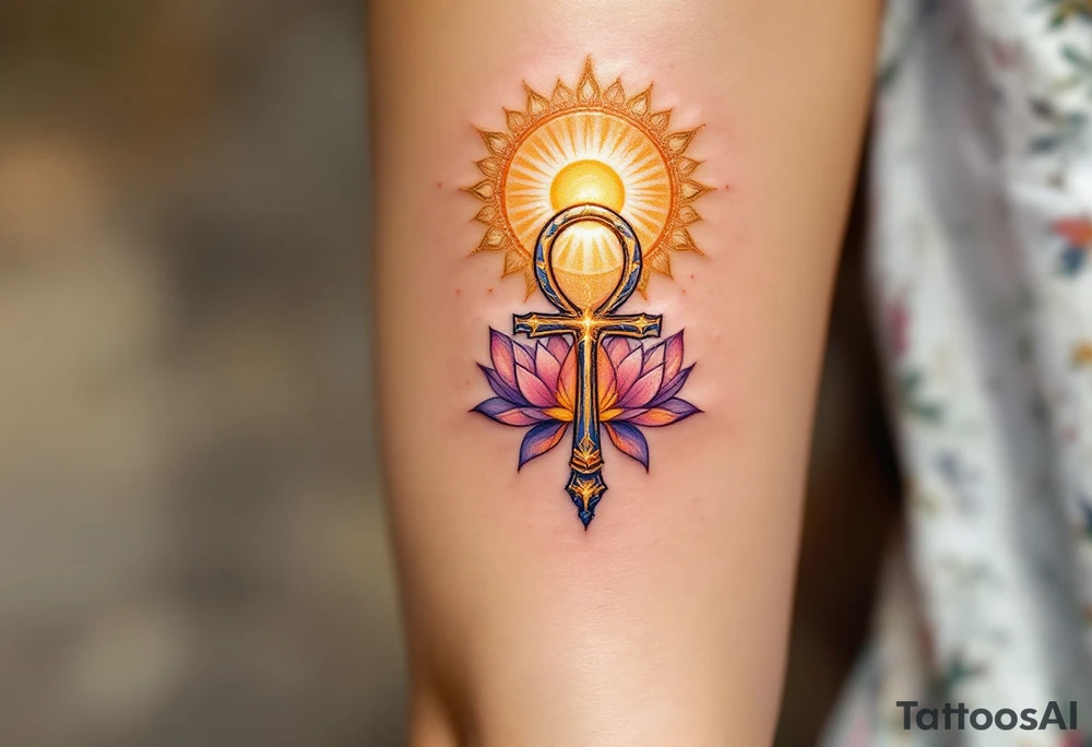 A sun-kissed Ankh held in the hands of an Egyptian goddess, surrounded by delicate lotus petals and radiant golden light. tattoo idea