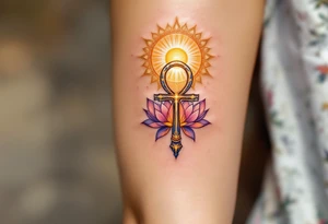 A sun-kissed Ankh held in the hands of an Egyptian goddess, surrounded by delicate lotus petals and radiant golden light. tattoo idea