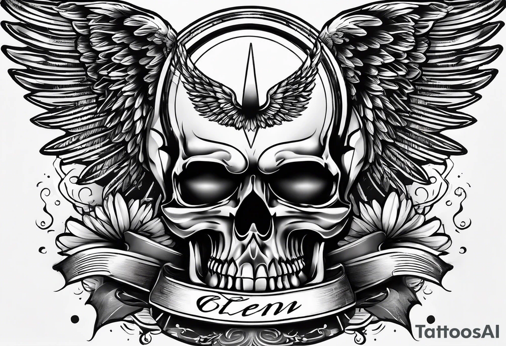 Simple tattoo with the word Glenn on a banner and angel wings tattoo idea