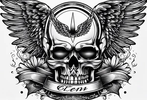 Simple tattoo with the word Glenn on a banner and angel wings tattoo idea