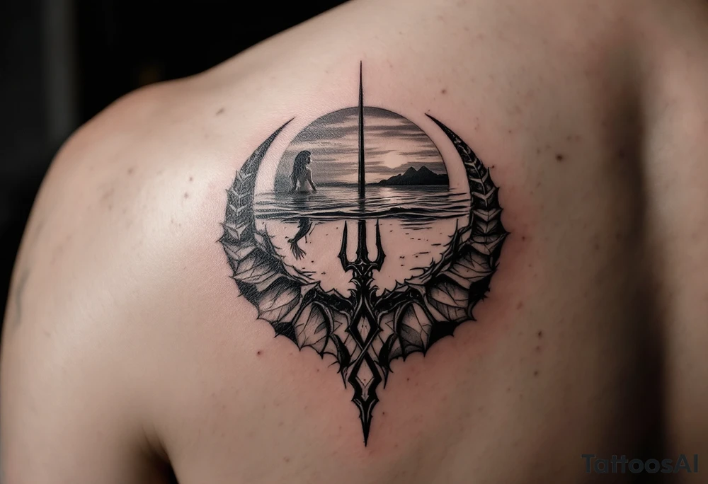 trident half way under calm water with mermaid and sunset tattoo idea