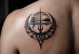 trident half way under calm water with mermaid and sunset tattoo idea