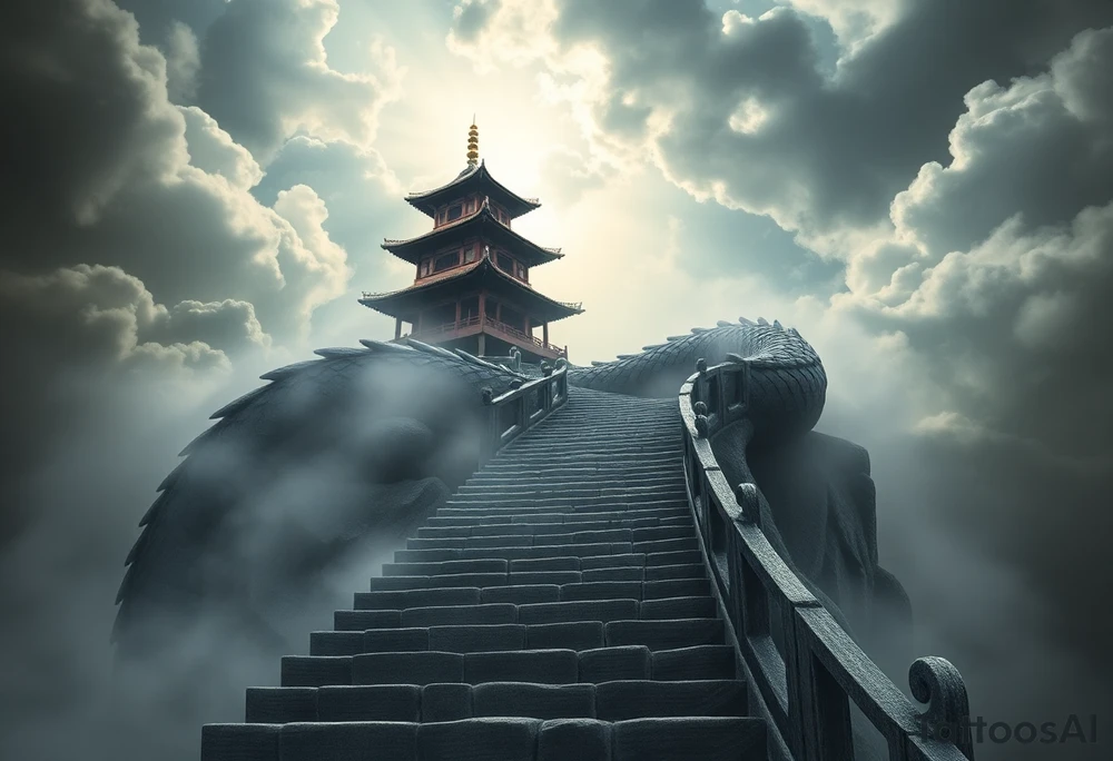 Um templo chinês majestoso no topo da composição, envolto por nuvens densas e etéreas, transmitindo uma sensação de mistério e espiritualidade. Uma longa escadaria de pedra se estende desde a base da tatuagem até o templo, simbolizando a jornada e a ascensão. Um dragão chinês em espiral envolve toda a escada, com o corpo sinuoso acompanhando cada degrau, como se estivesse protegendo o caminho sagrado. As nuvens se misturam ao corpo do dragão, criando movimento, profundidade e um visual harmonioso, reforçando a ideia de força, sabedoria e transcendência. tattoo idea