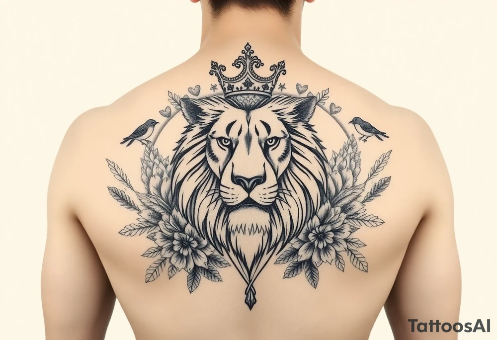 powerful majestic lion with a crown, surrounded by floral ornaments and birds tattoo idea