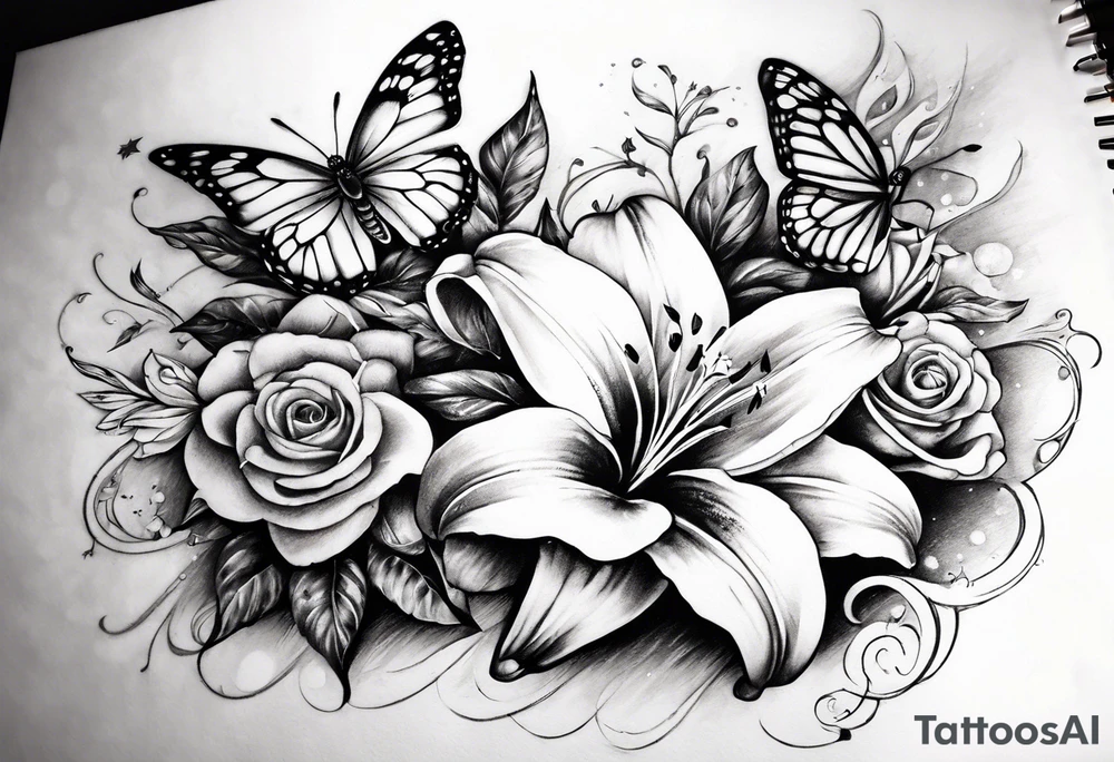 Harvey Ruby lillies flowers butterflies stars fantasy books half sleeve tattoo idea