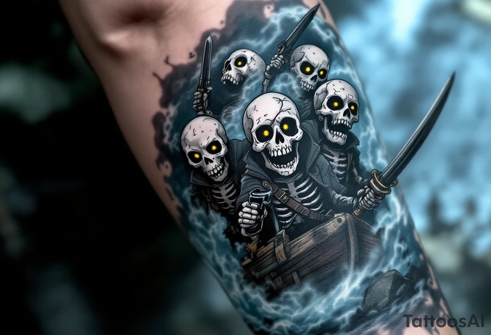 Whispering Dead Crew – A crew of skeletal pirates, their hollow eyes glowing faintly yellow, emerging from a misty blue and gray fog. They wield rusted swords and pistols, haunting the remains of a sunken ship. tattoo idea