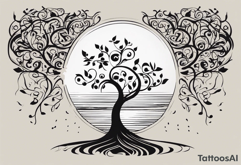 A tattoo design that incorporates the following elements: an abstract tree of life that has roots emerging  from the ground. Waves of water encapsulate the tree and wind around it in an organic way.  Incorporate music.   the letters U and A are overlapping and engraved into the tree. The game of golf incorporated but not prominent. tattoo idea