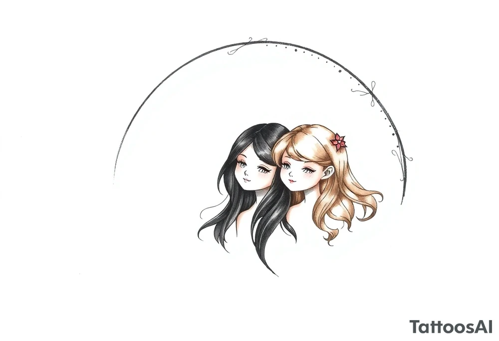 3 petites filles ( une cheveux noir et deux blondes)
sous un arc en ciel incomplet tattoo idea