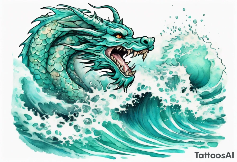 a pretty turquoise luck dragon emerging from an ocean wave, crashing onto the shore tattoo idea