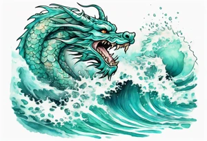 a pretty turquoise luck dragon emerging from an ocean wave, crashing onto the shore tattoo idea