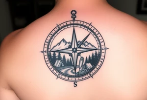 Open compass, bottom half with mountains, trees, stream, and tent. The S of the compass should be a fishing lure tattoo idea