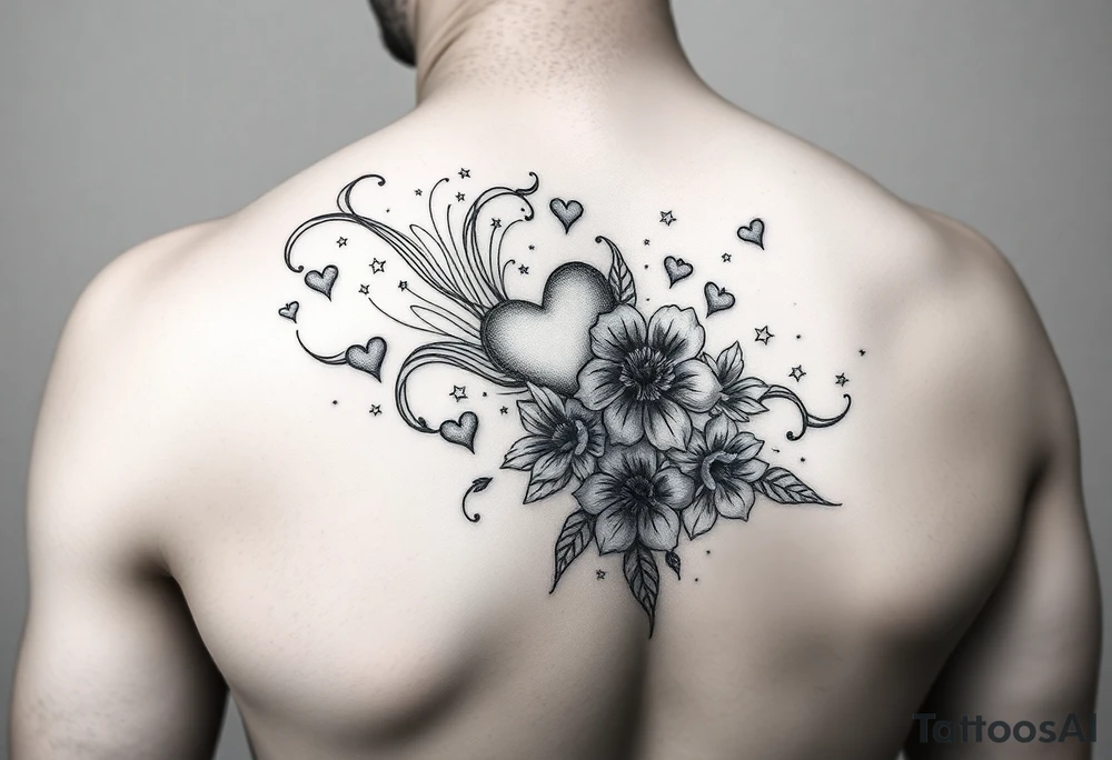 I want swirling lines like wind with hearts and stars an flowers with makeup floating tattoo idea
