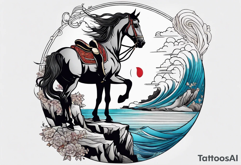 a cliff beside the sea with a horse and rider tattoo idea