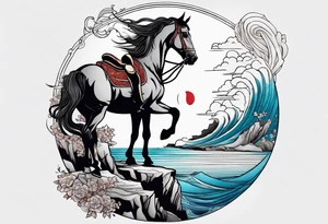 a cliff beside the sea with a horse and rider tattoo idea