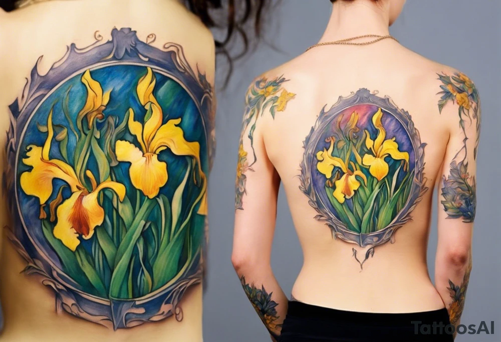 Create a colorful Vincent van Gogh Irises tattoo with an ancient Greek female statue in the middle. The tattoo should take the form of a crescent, with vines gracefully intertwining at a central point in the middle of the wreath.  The intended placement is on the upper chest. The overall design should be small in size while maintaining a delicate and artistic aesthetic. Pay attention to the graceful flow of the vines and the placement of the irises to achieve a refined and elegant look. tattoo idea