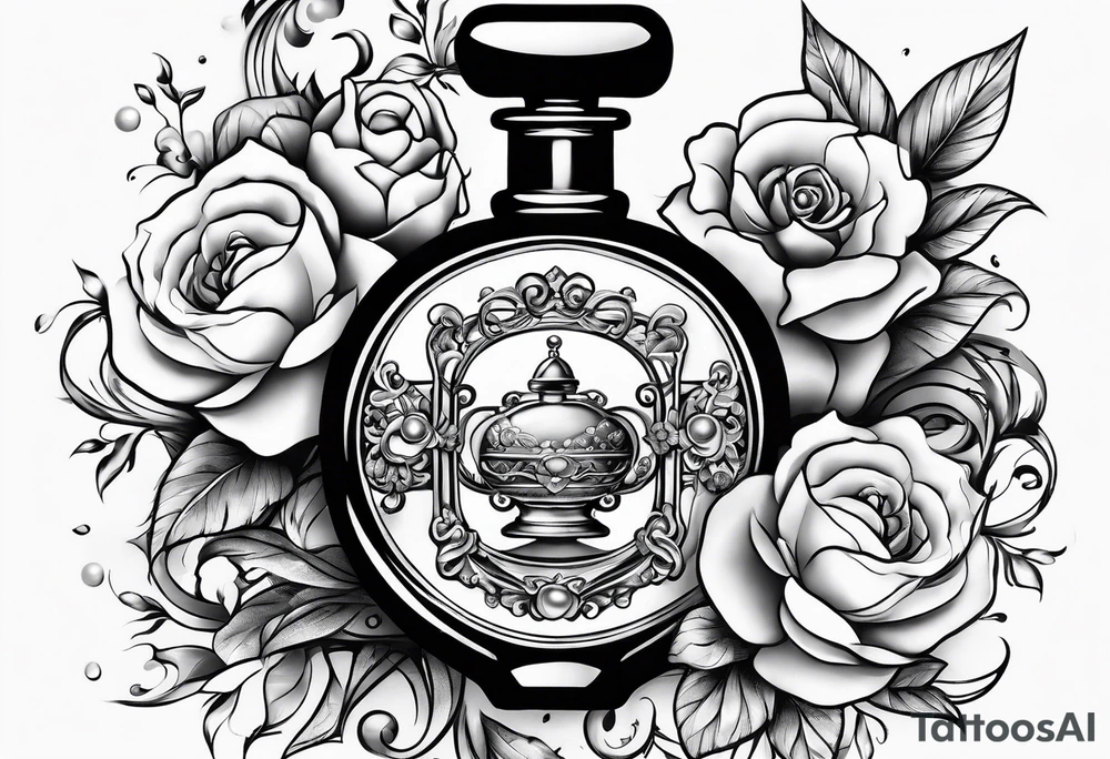 Pearl necklace wrapped around 1950s perfume bottle with flowers and bows surrounding tattoo idea