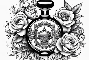 Pearl necklace wrapped around 1950s perfume bottle with flowers and bows surrounding tattoo idea