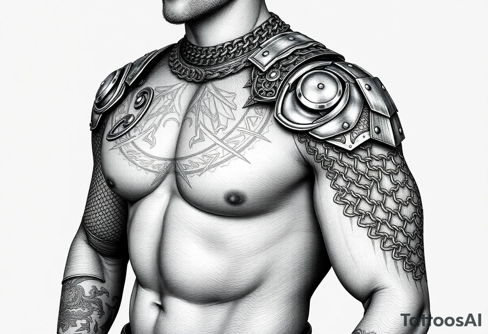 Huge shoulder tattoo of chainmail and plate armor covering entire arm tattoo idea