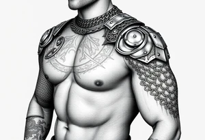Huge shoulder tattoo of chainmail and plate armor covering entire arm tattoo idea